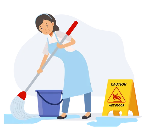 Old housekeeper cleaning floor with caution wet floor board  Illustration