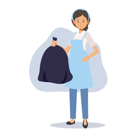 Old housekeeper holding garbage bag  Illustration