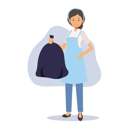 Old housekeeper holding garbage bag  Illustration