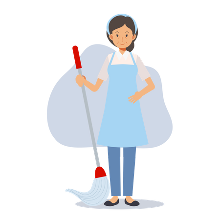 Old housekeeper with cleaning mop Illustration