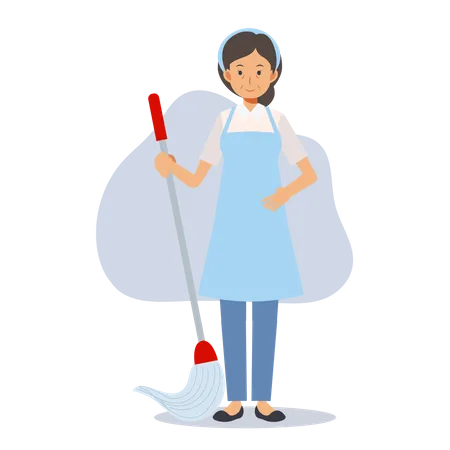 Old housekeeper with cleaning mop  Illustration