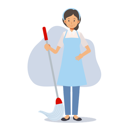 Old housekeeper with cleaning mop  Illustration