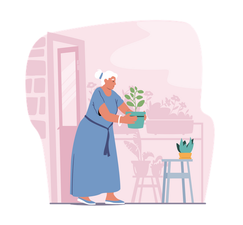 Old Lady Carry Flower Pot Illustration
