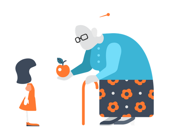 Old lady giving apple to little girl Illustration
