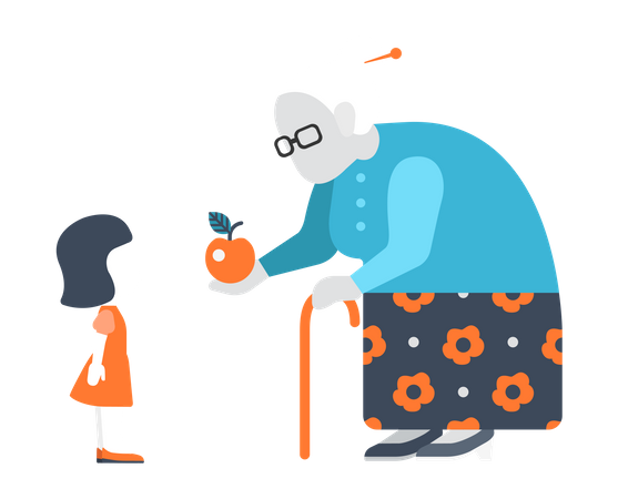 Old lady giving apple to little girl  Illustration