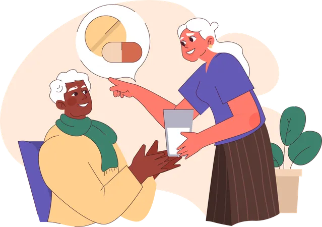 Old lady giving medicine to old man  Illustration