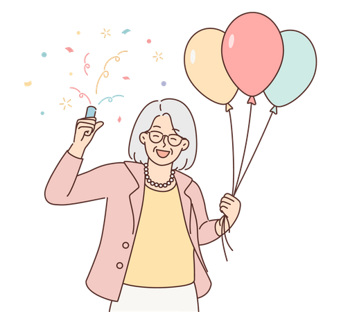Old lady holding balloons Illustration
