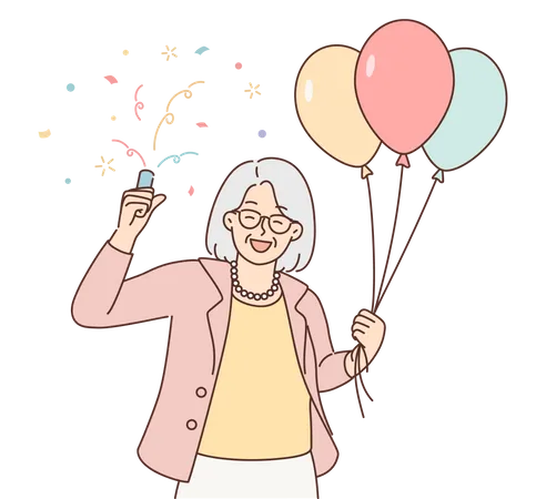 Old lady holding balloons  Illustration