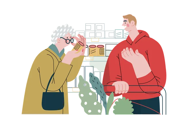Old Lady Is Viewing An Item Before Purchasing It Illustration