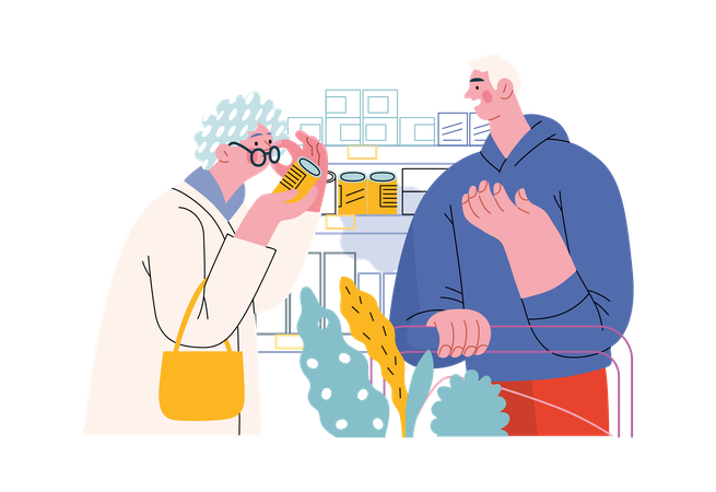 Old lady is viewing an item before purchasing it  Illustration
