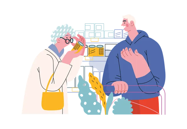 Old lady is viewing an item before purchasing it  Illustration