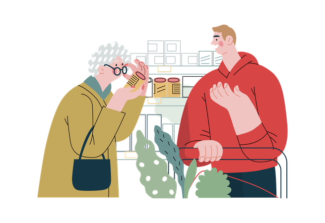 Old lady is viewing an item before purchasing it  Illustration