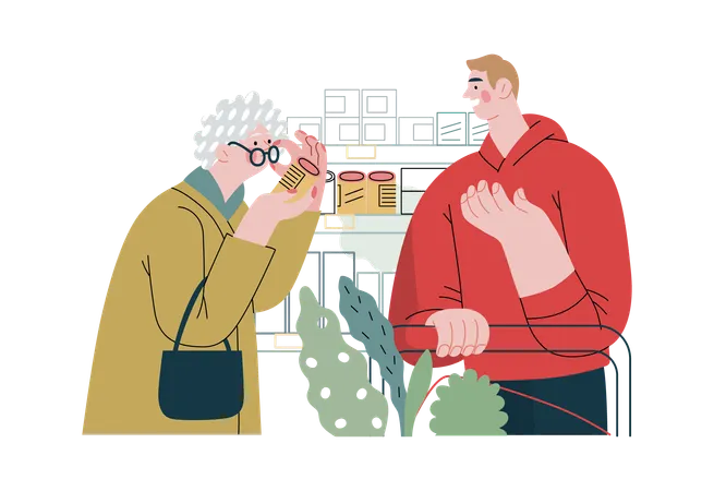 Old lady is viewing an item before purchasing it  Illustration