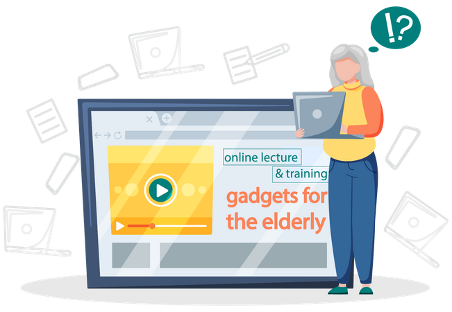 Old Lady learning to work with laptop Illustration
