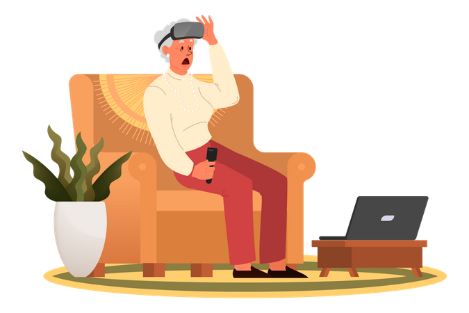 Old lady playing game with VR gaming equipment Illustration