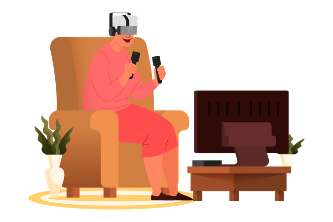 Old lady playing VR game Illustration