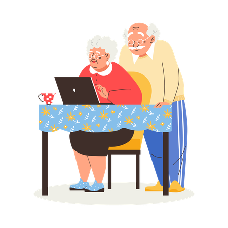 Old lady sit at the table using laptop with her elder husband  Illustration