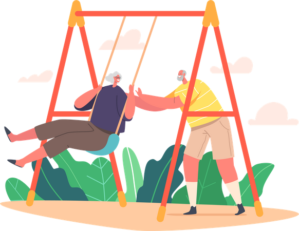 Old Loving Couple Outdoor Fun  Illustration