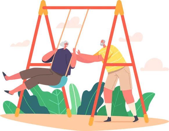 Old Loving Couple Outdoor Fun  Illustration