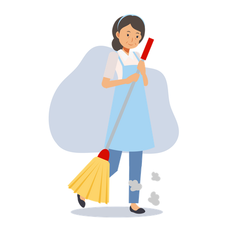 Old maid holding cleaning mop  Illustration