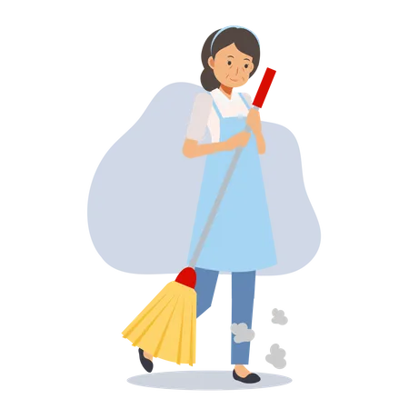 Old maid holding cleaning mop Illustration