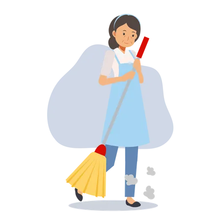 Old maid holding cleaning mop  Illustration