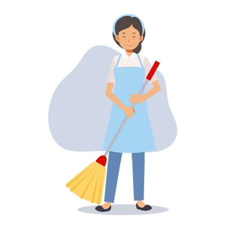 Old maid with cleaning mop  Illustration