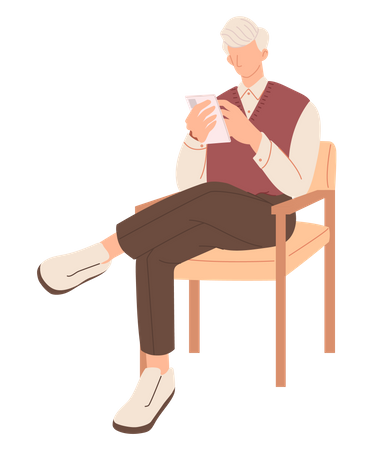 Old male using mobile while sit on chair  Illustration