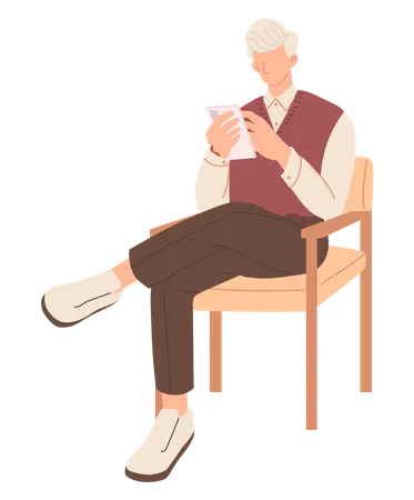 Old male using mobile while sit on chair  Illustration