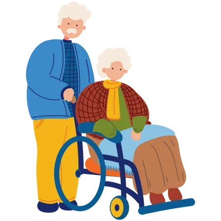 Old Man And Old Woman With Wheelchair Vector Illustration In Flat Color Design Illustration