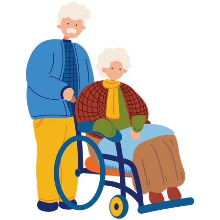 Old man and old woman with wheelchair  イラスト