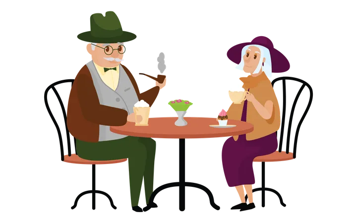 Old man and woman at cafe  Illustration