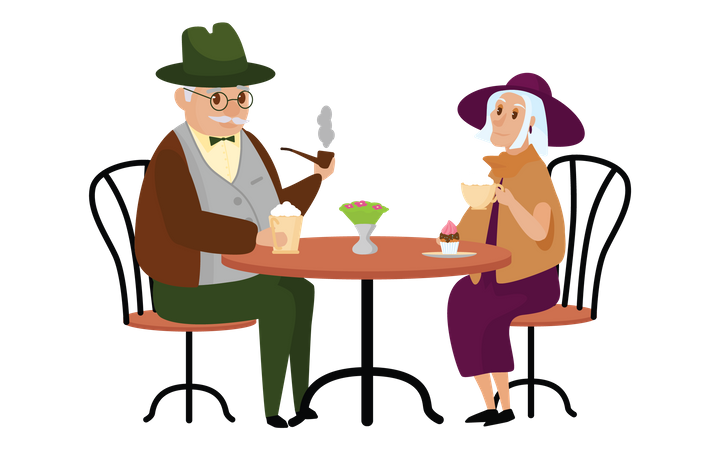 Old man and woman at cafe  Illustration