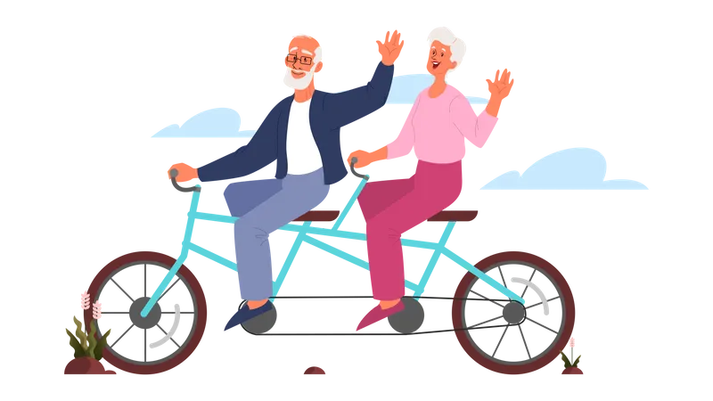 Old man and woman riding bicycle Illustration