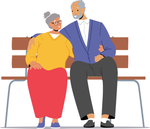 Old Man and Woman Sitting on Bench Illustration