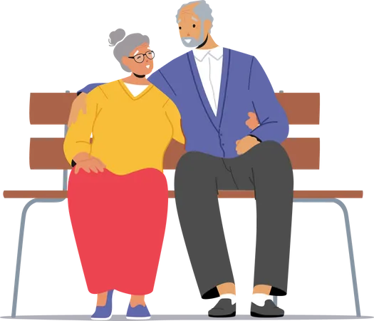 Old Man and Woman Sitting on Bench Illustration