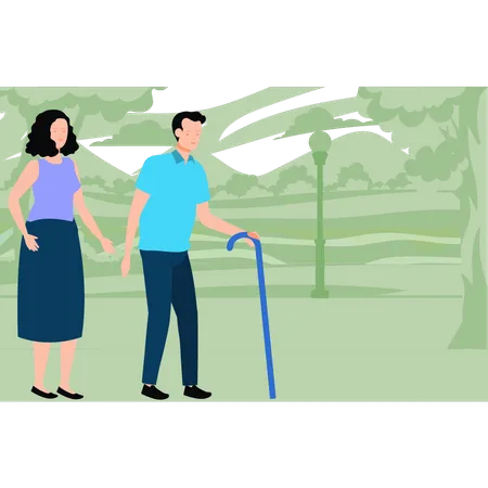Old Man And Woman Are Walking In The Park Illustration