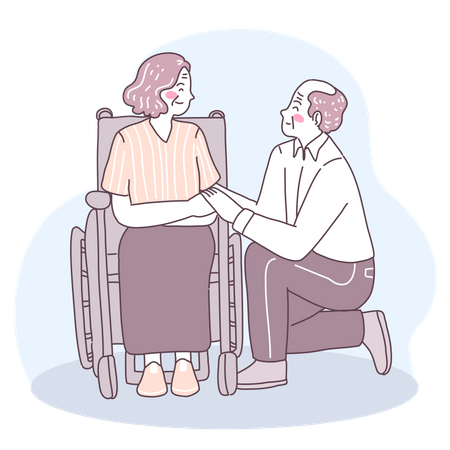 Old man caring her wife Illustration