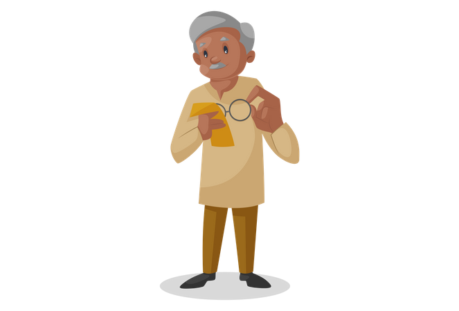 Old man cleaning the glass of his spectacles with a cloth  Illustration