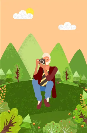 Old man clicking photo using digital camera  Illustration