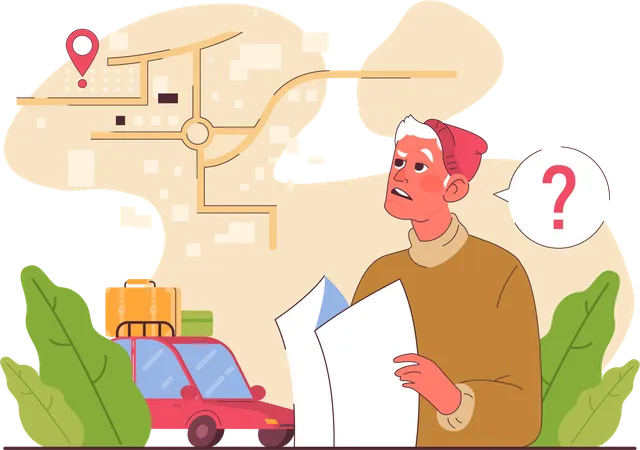 Old man confused about travel route  Illustration