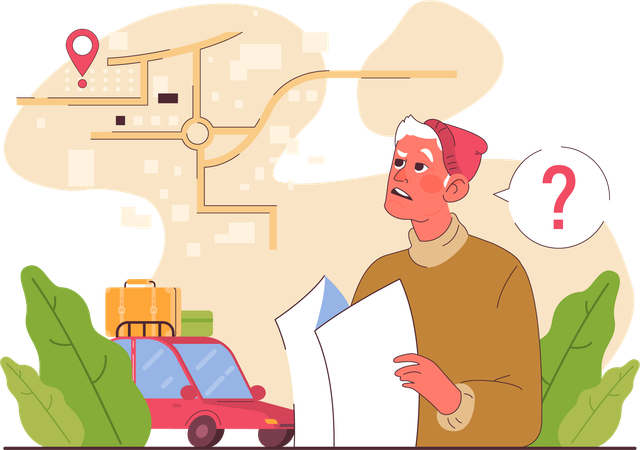 Old man confused about travel route  Illustration