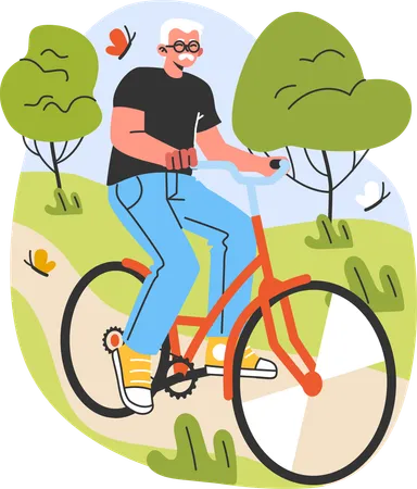 Old man cycling in park  Illustration