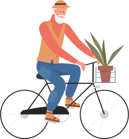 Old man cycling with plant pot  Illustration