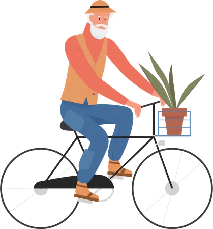 Old man cycling with plant pot  Illustration