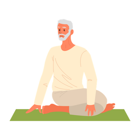 Old man doing back exercise Illustration