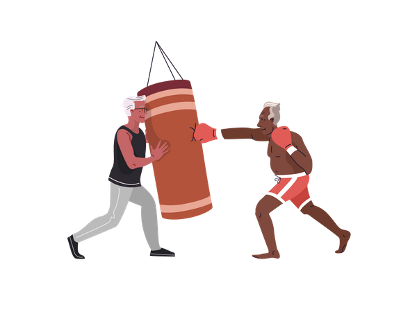 Old man doing boxing practice with boxing trainer  イラスト
