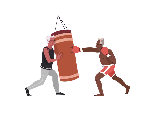 Old man doing boxing practice with boxing trainer  Illustration