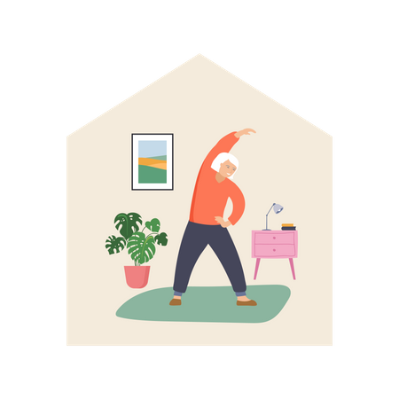 Old man doing exercise in the home  Illustration