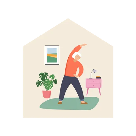 Old man doing exercise in the home  Illustration